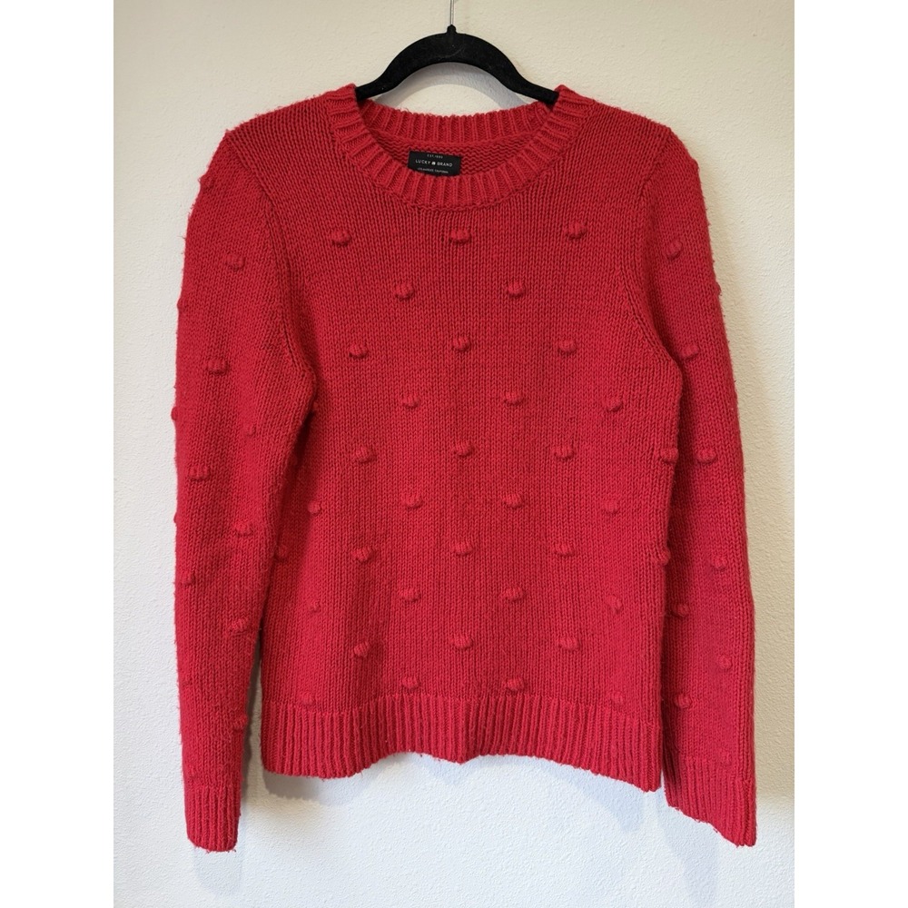 Lucky Brand Women's Red Polka Dot Knit Sweater‎ Size Medium Festive Classic Cozy
